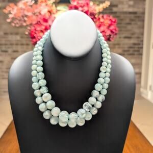 Vintage Necklace Double Strand Smooth Milky Aqua Beads Chunky Statement
